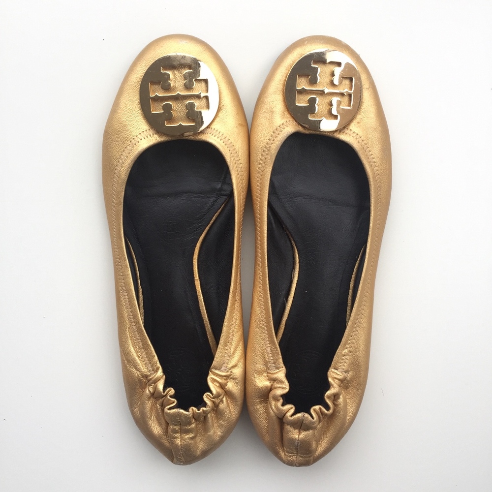 Gold Metallic Tory Burch Reva Flats, Size 9.5